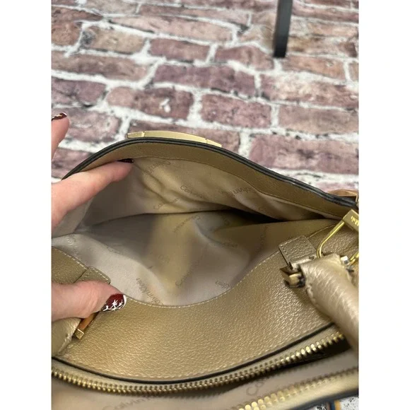 Calvin Klein Gold Metallic Pebbled Leather Satchel Crossbody Bag Convertible - Picture 11 of 16